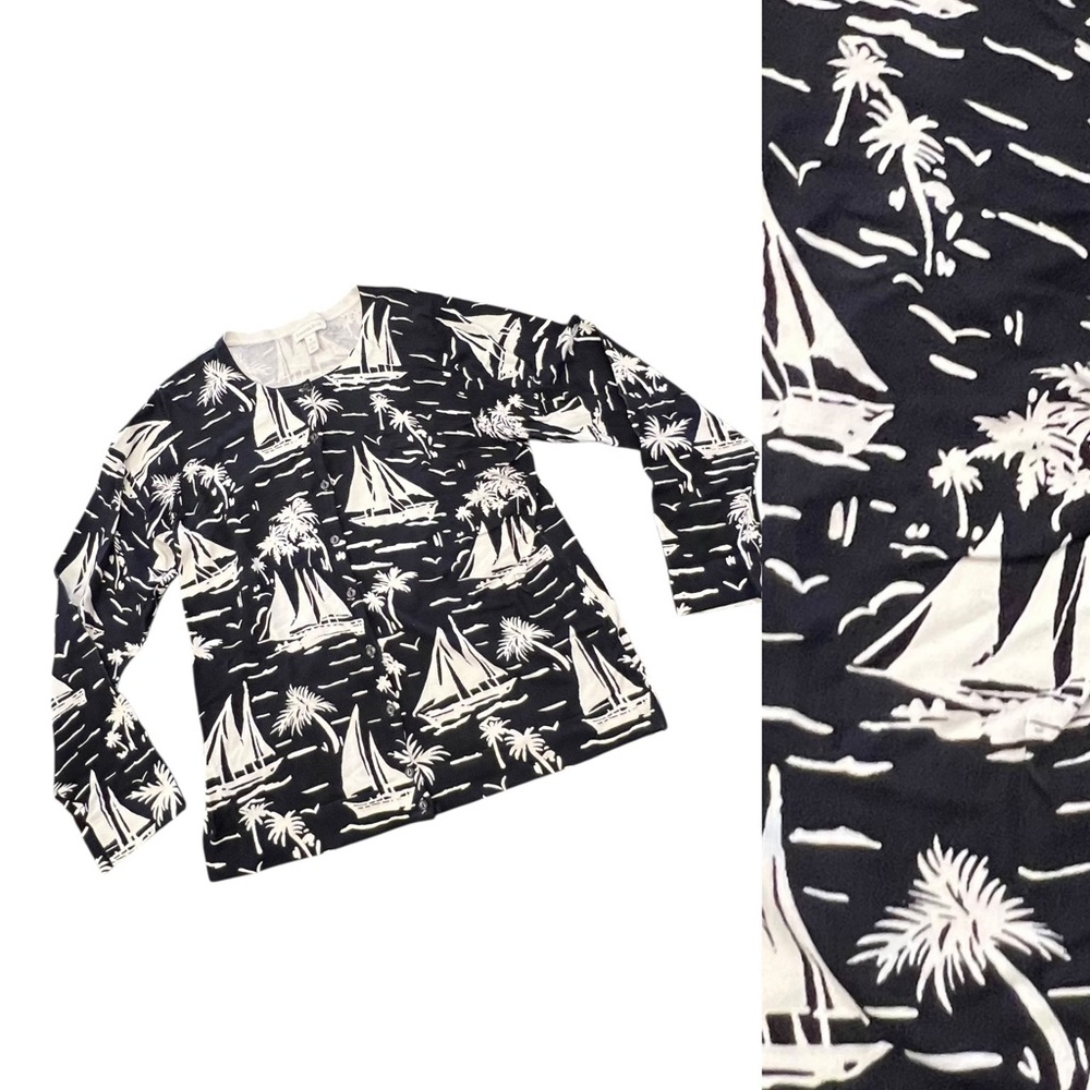 Charter Club Cardigan Sweater Top Nautical Sailboat Palm Novelty Coastal XL‎